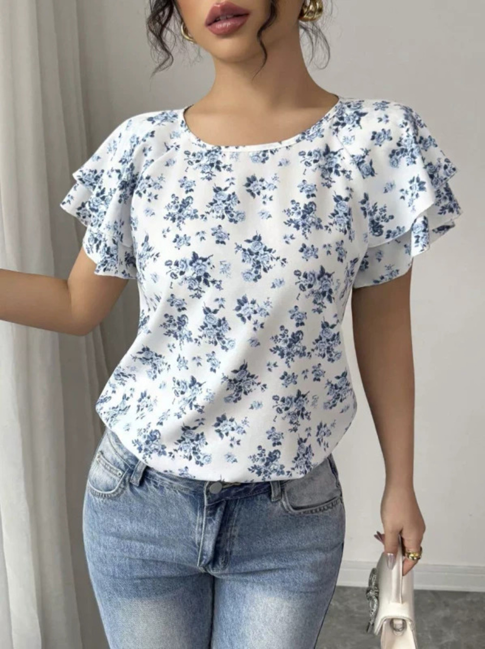 ZARA Round Neck Short Sleeve Printed Top